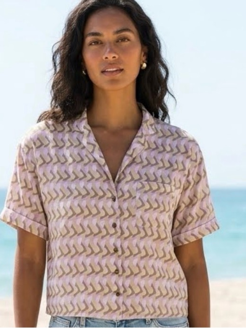 Prana Pink & Tan Chevron Short Sleeve Button-Down Shirt